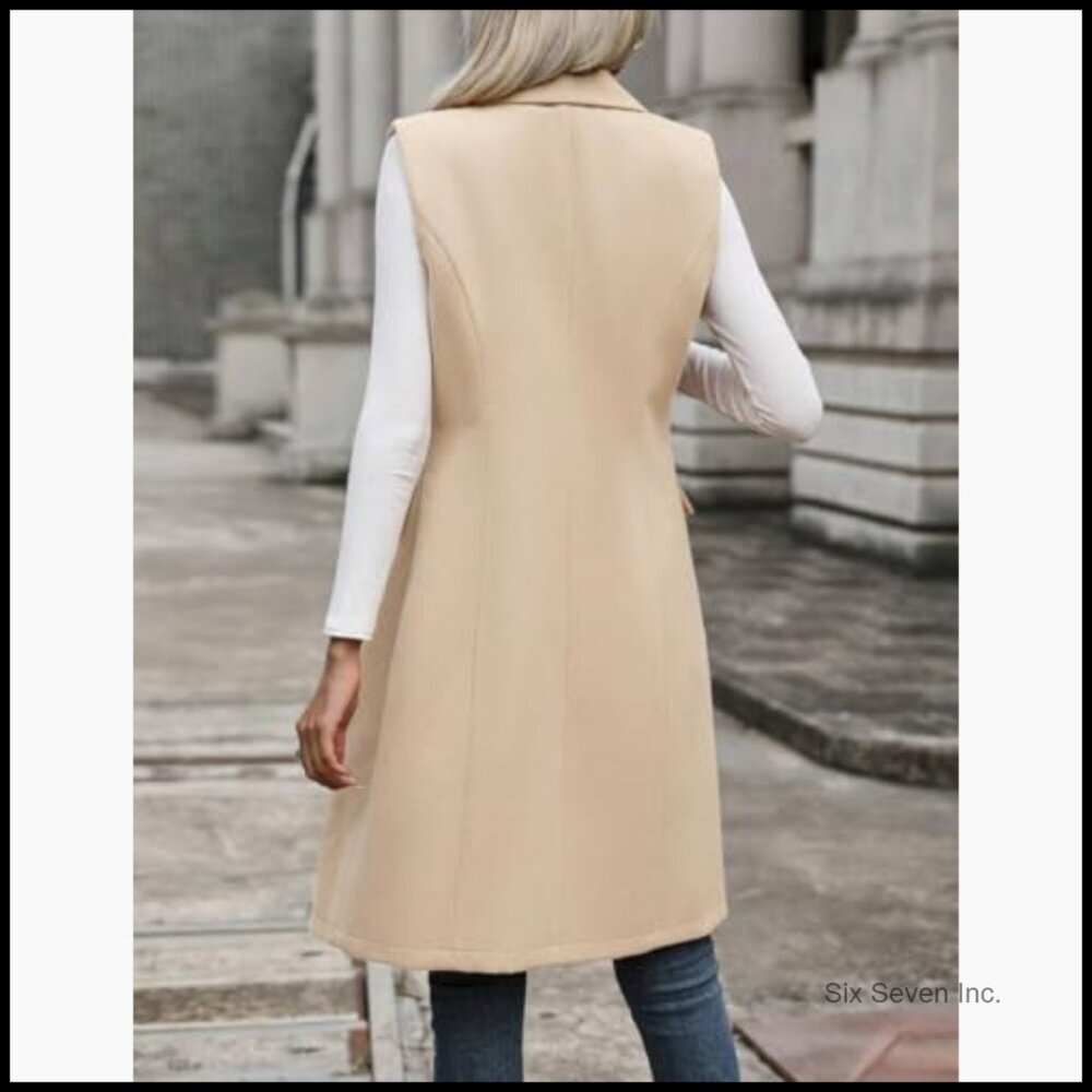 Long Wool Blend Vest Sleeveless Blazer Jacket Trench Coat Outerwear - Picture 3 of 6